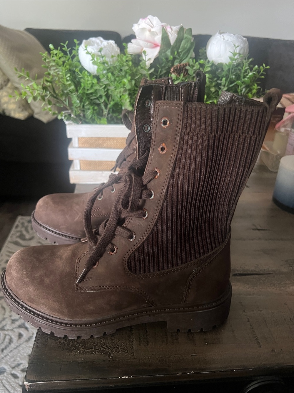 DV by Dolce Vita Brown Lace-Up Knit-Panel Combat Boots